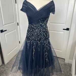 Tarik Ediz Designer Navy Blue Embellished Evening Dress